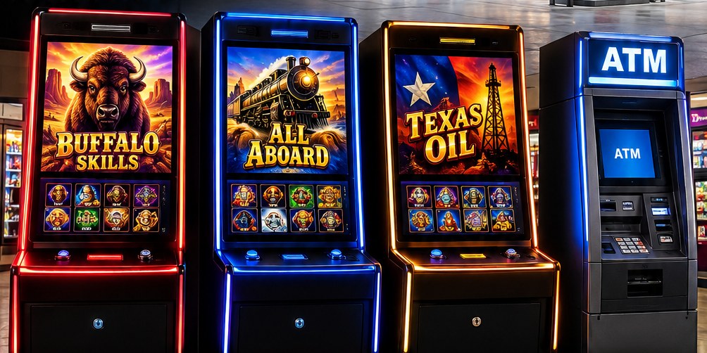 Three skill game cabinets and an ATM lined up inside a store